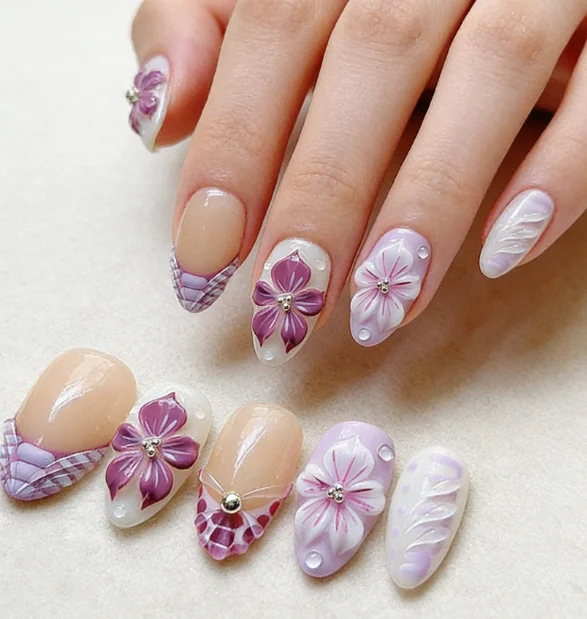 24PCS Almond Oval Press on Nails with 3D Purple Floral Design Checkered Pattern Rhinestone False Nails Elegant Sweet Manicure