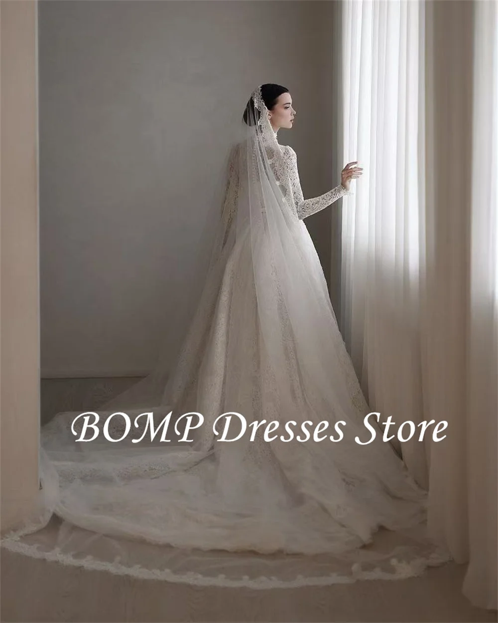 BOMP Modest Lace A Line Wedding Dresses With Detachable Train Long Sleeves High Neck Classic Bridal Gowns With Veil Customized