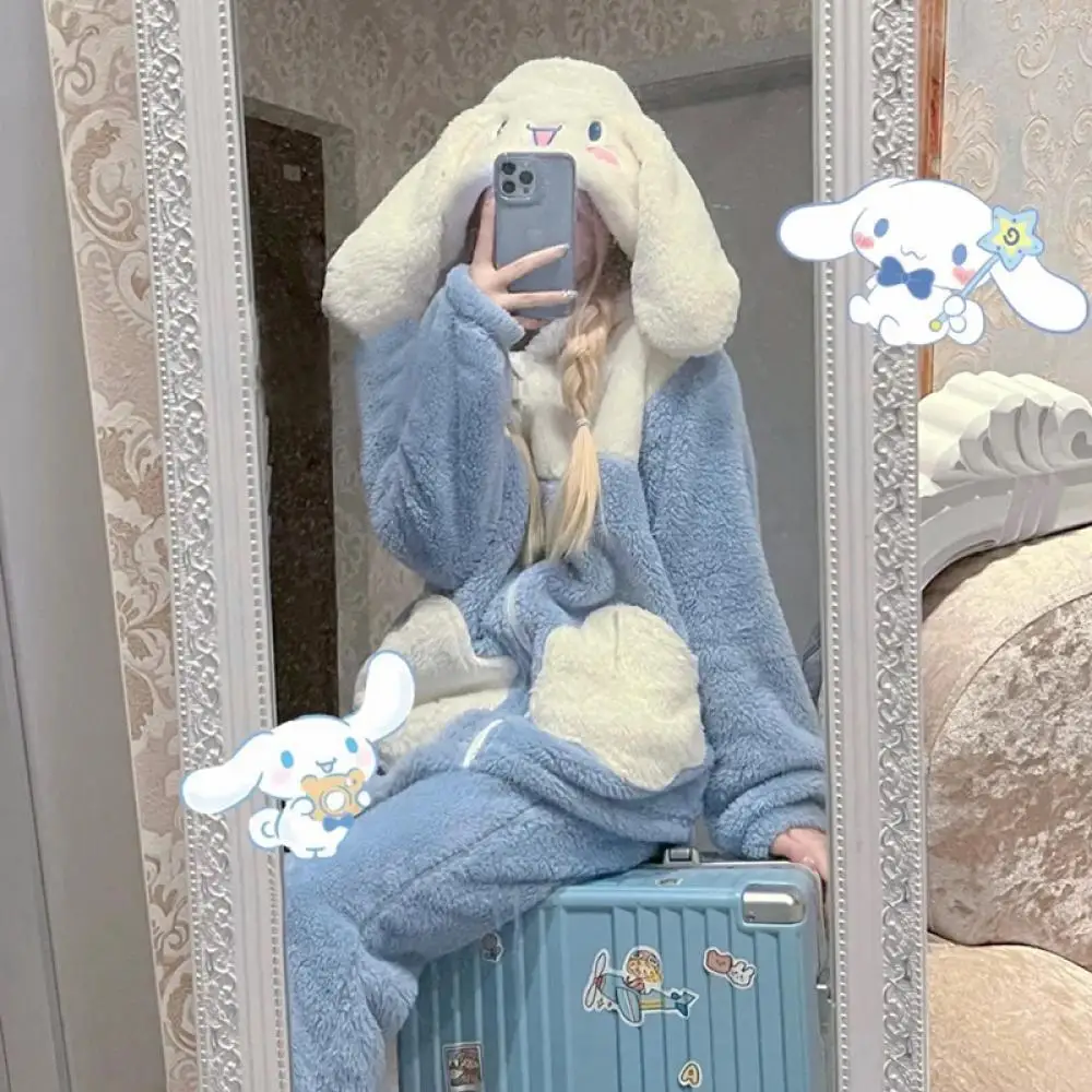 

2Pcs Women's Plush Pajamas Suit Kawaii Cinnamoroll Sanrio Winter Hooded Home Clothes Cartoon Soft Girls Thickened Warm Homewear