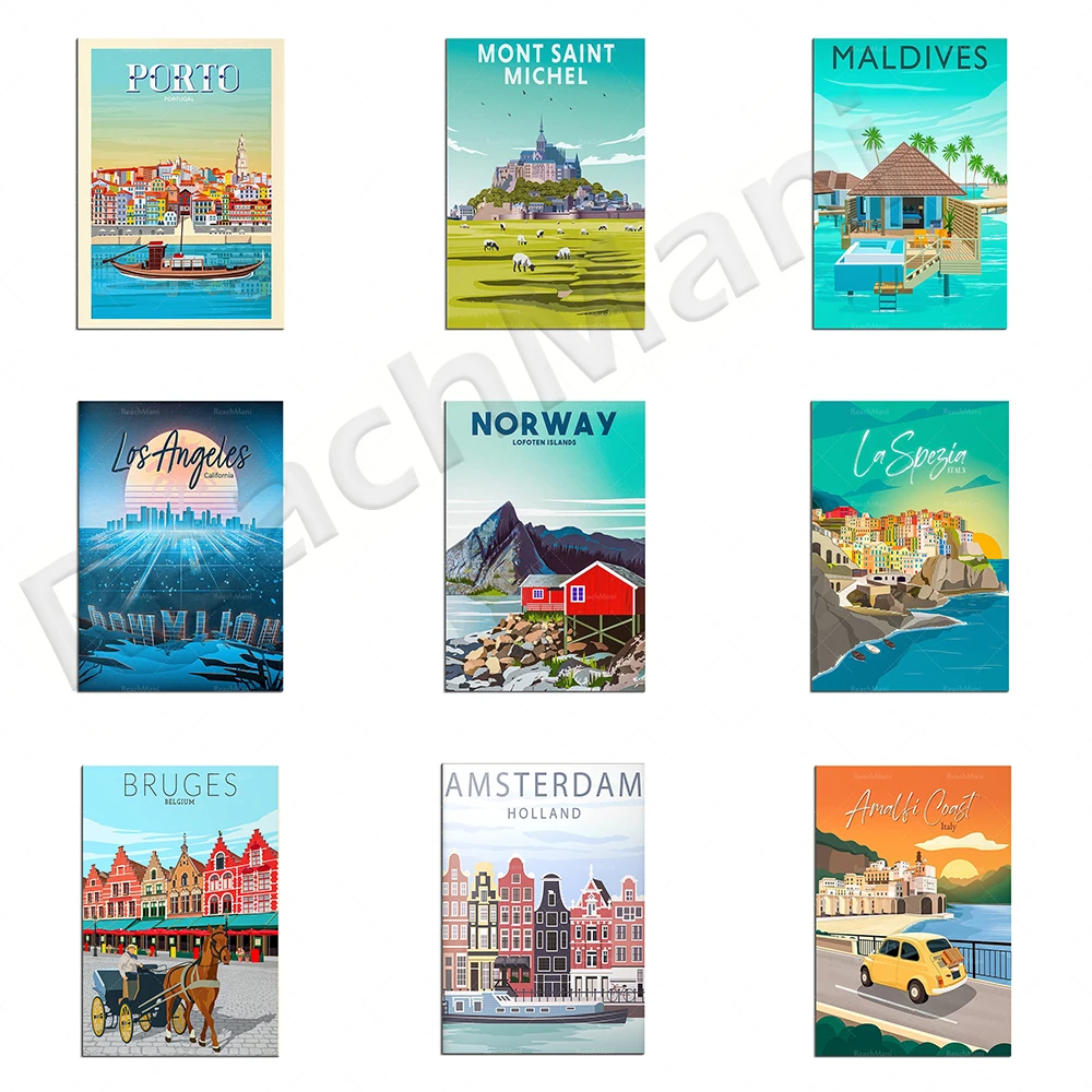 

Amalfi, Norway, Lofoten Islands, Mont Saint Michel, Palm Springs, Los Angeles, Bruges, Maldives, La Spezia, Porto Travel Poster