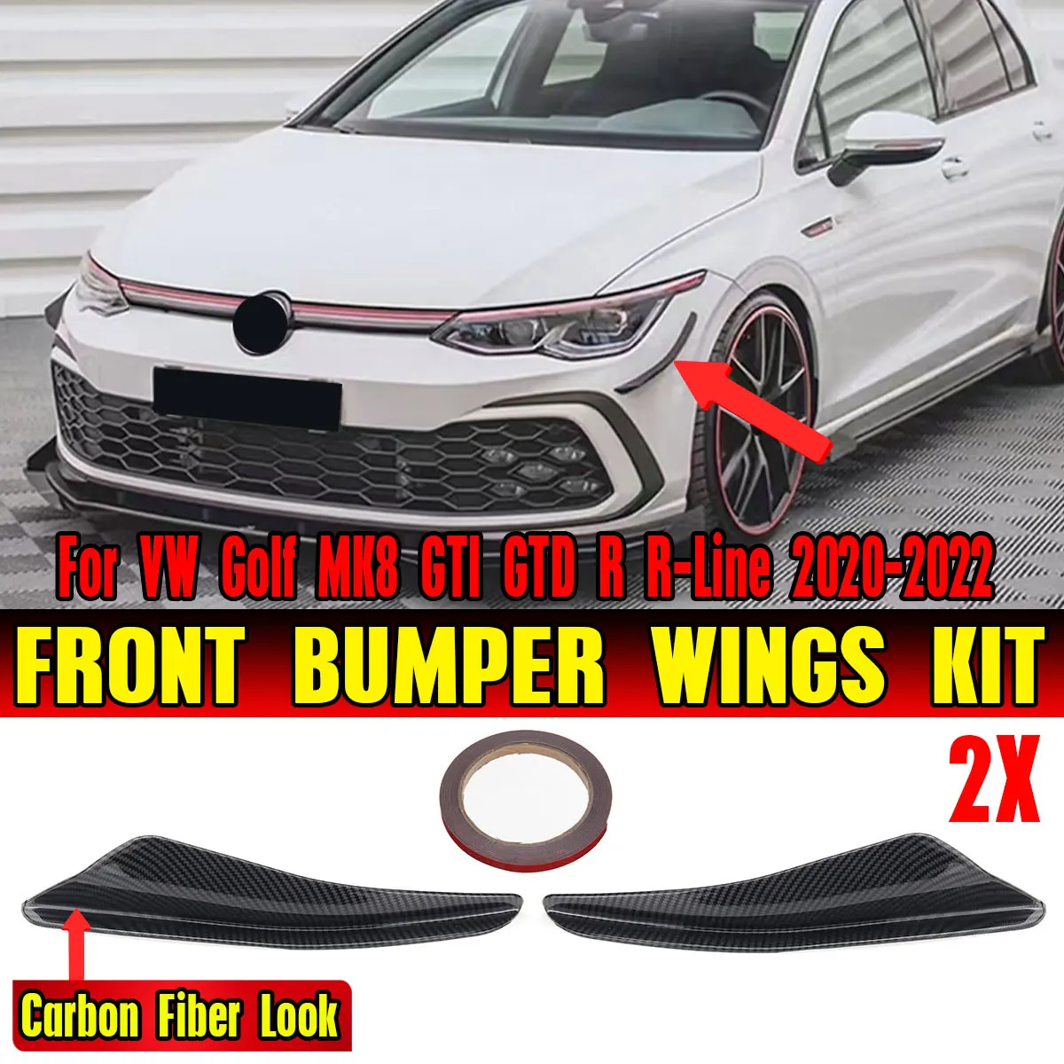 

MK8 Car Front Bumper Side Spoiler Splitter For VW For Golf MK8 GTI GTD R R-Line 2020-2022 Front Hood Canard Splitter