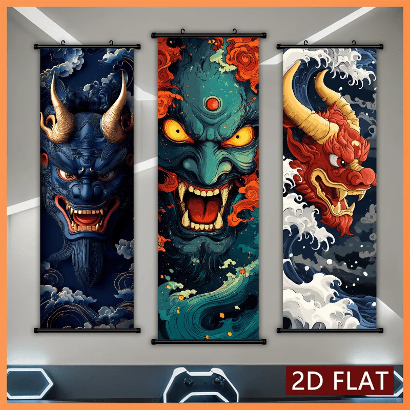 VIKAMA Ukiyo-e Dämonen-Schriftrollen-Wandteppich, traditionelles japanisches Hannya-Monster, vertikaler Wandbehang, Heimdekoration, Wandhintergrund