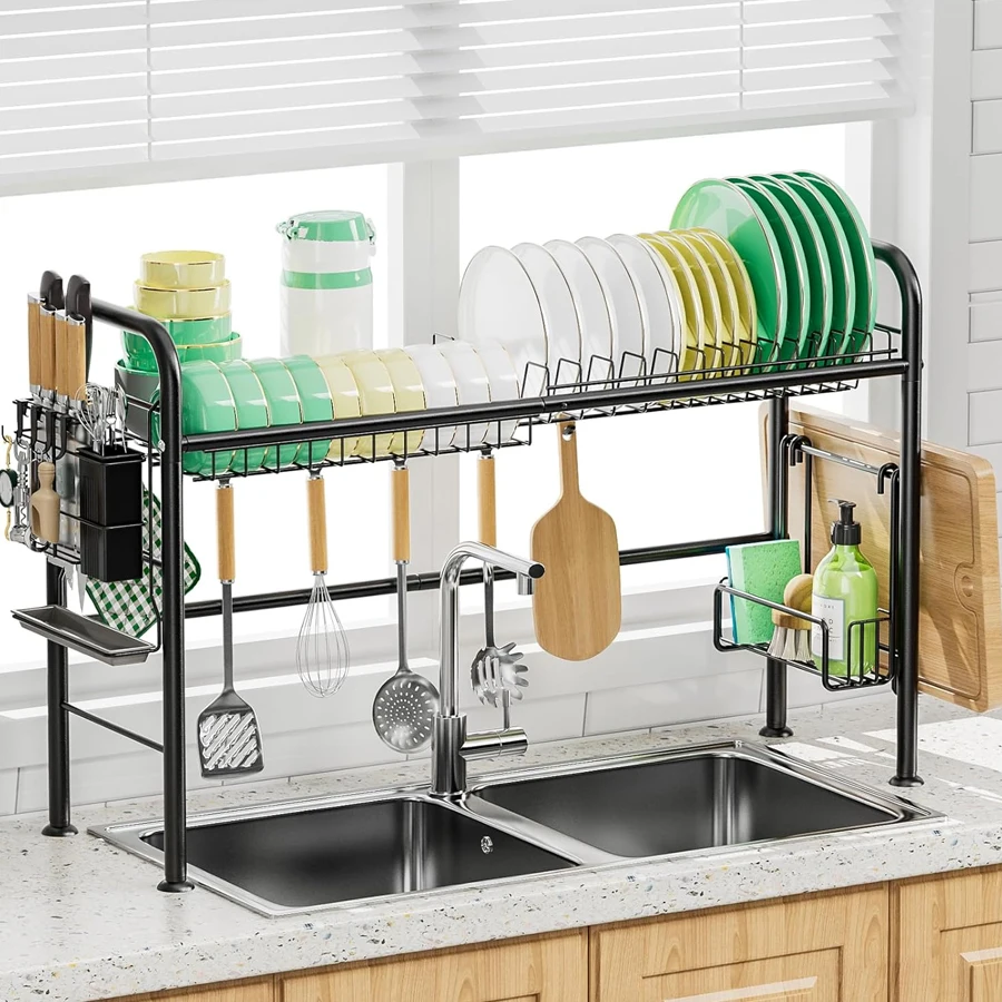 

Сушилка для посуды над раковиной, металлические сушилки для посуды для кухонной стойки с крючками, держатель для посуды, 85 см, предметы первой необходимости для кухни