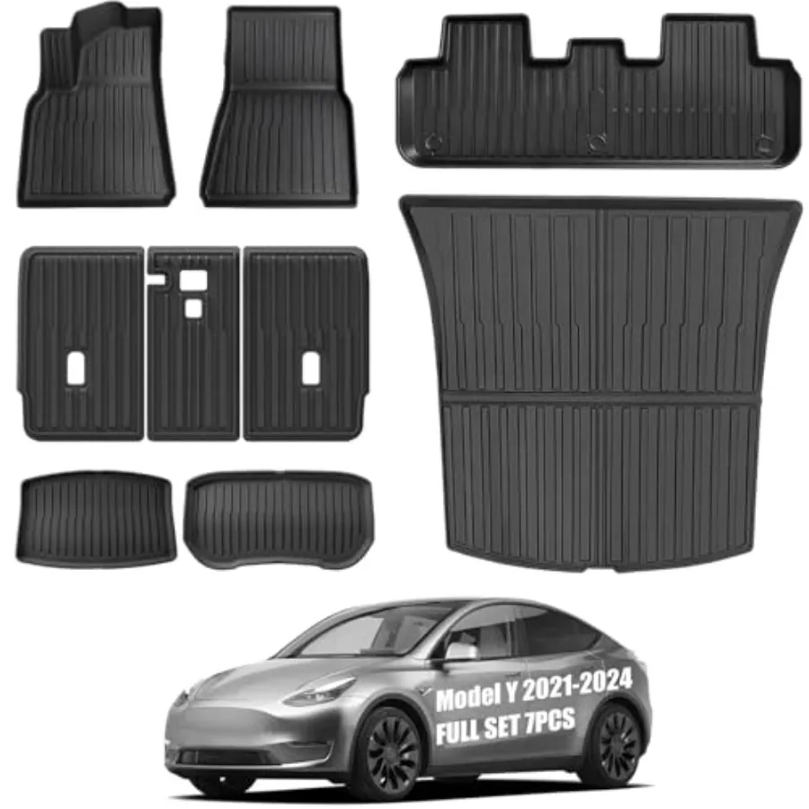 All Weather Floor Mats Custom Fit Model Y 2021-2024 5-Seater, TPE Waterproof Odorl Car Mats Set with Rear Seat Back Protector I