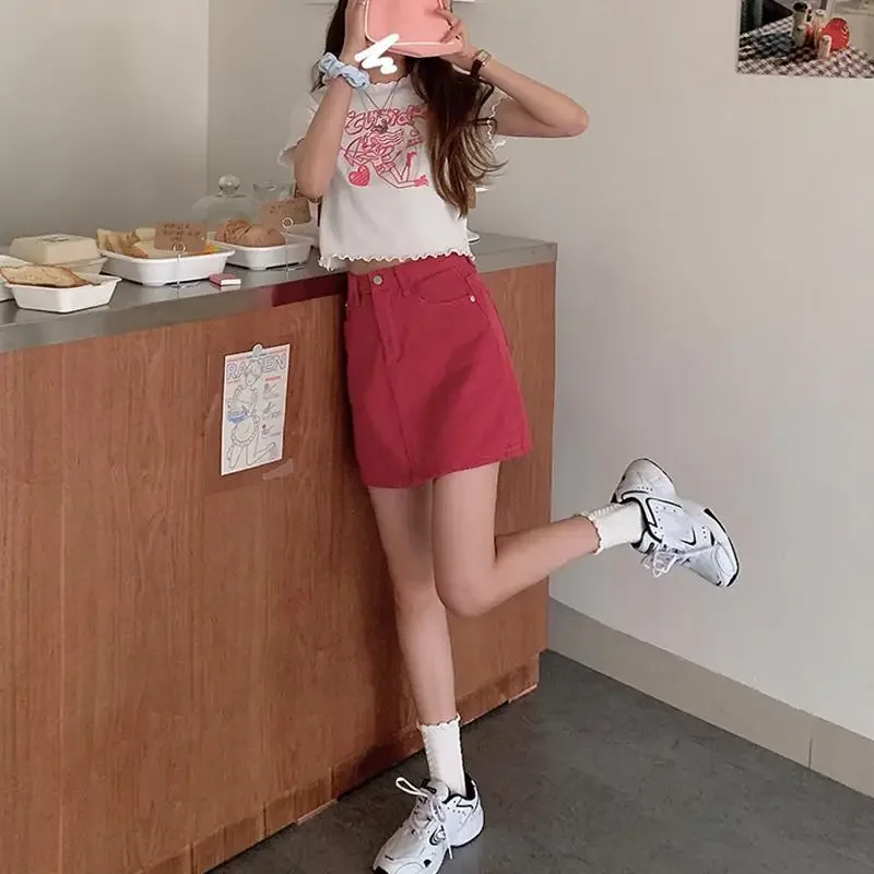 

Woman Denim Skirt Red High Waist Tight Wrap Short Stylish Cheap A Line V New in Quality Y2k Vintage Trend Jeans Skirts for Women