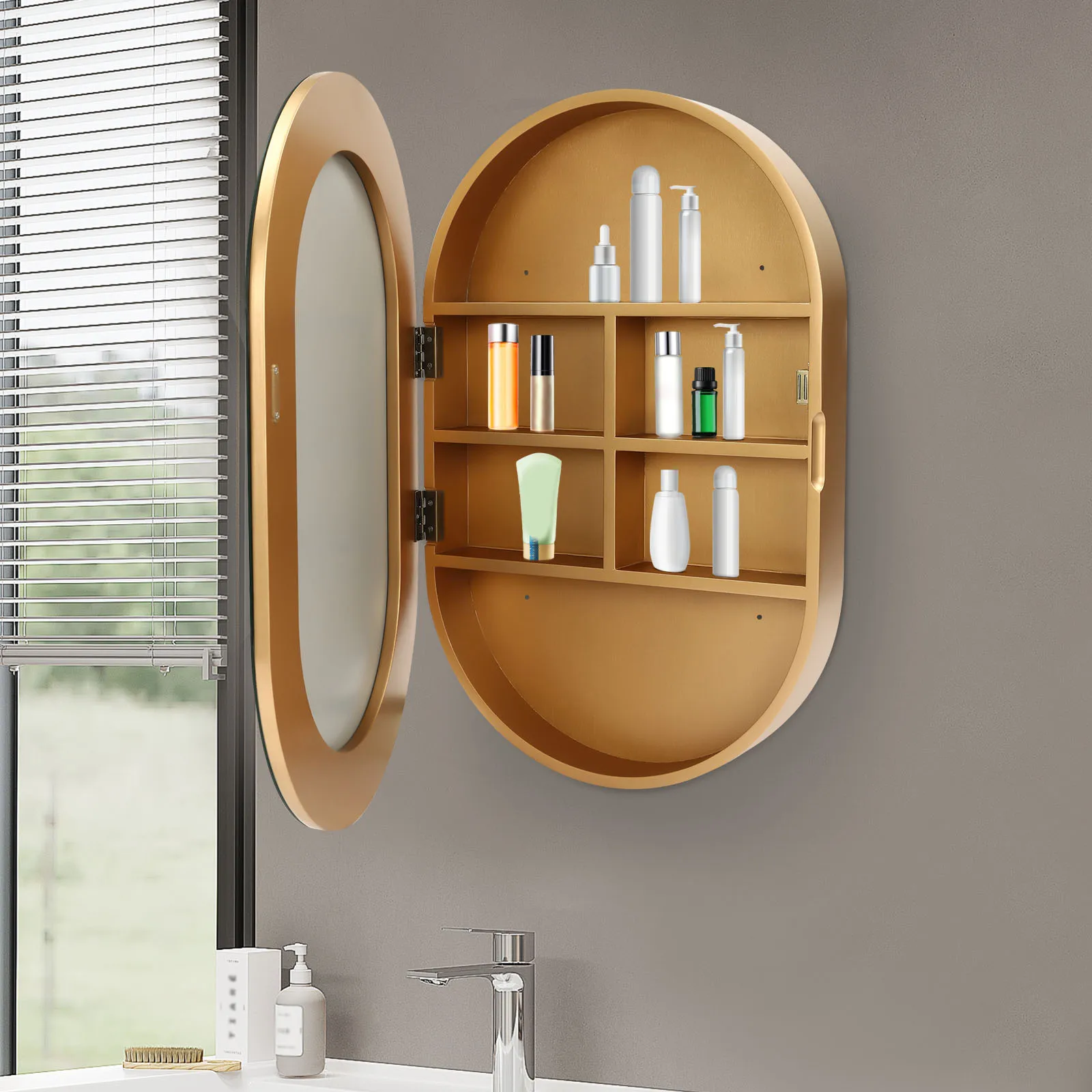 Gold Wood and Glass Modern Wall-mounted Oval Cabinet Mirror, Bathroom Wall Storage Cabinet Mirror, Mirror Cabinet