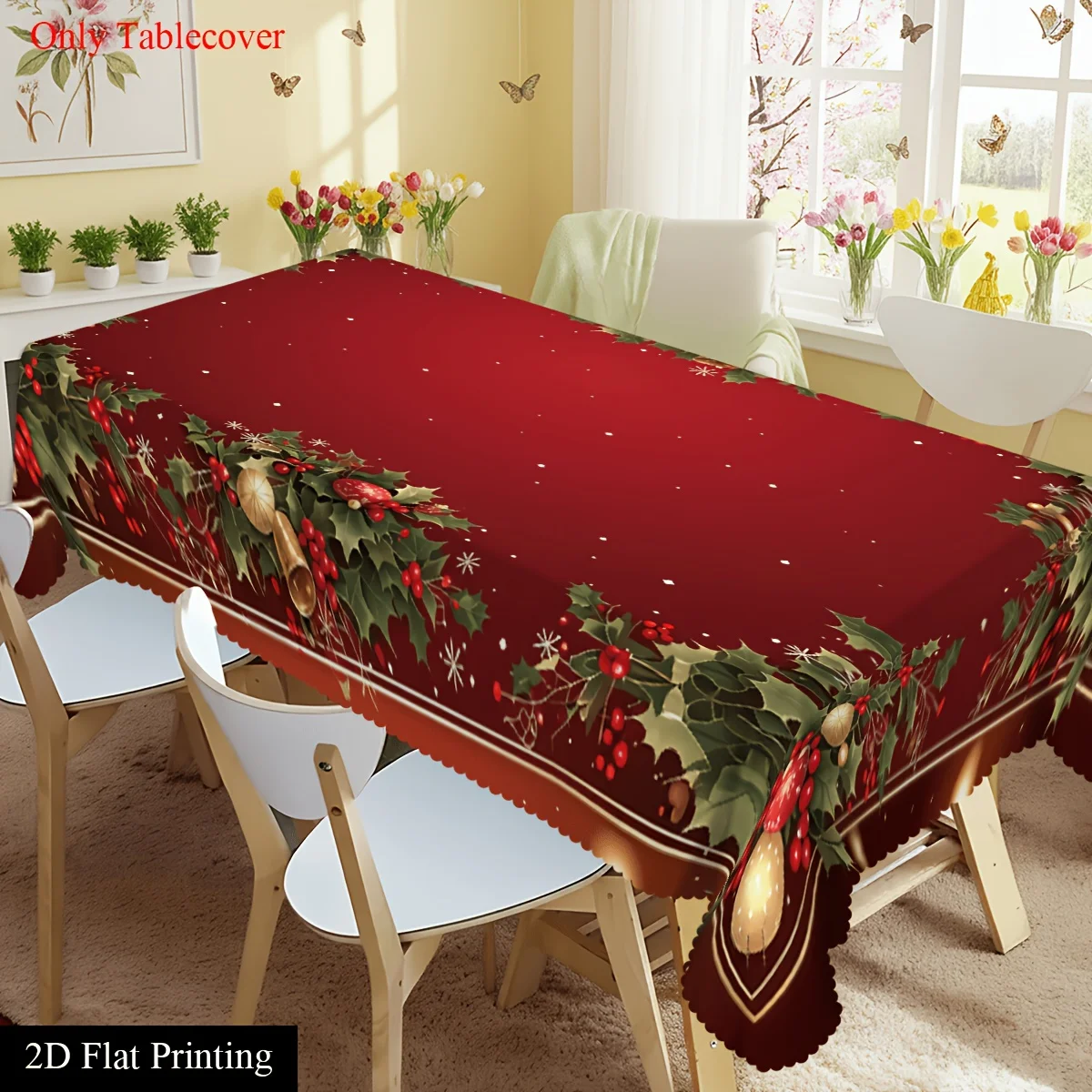 Christmas tablecloth suitable for dining tables, with holly berry borders, perfect for winter decorations and festive gatherings