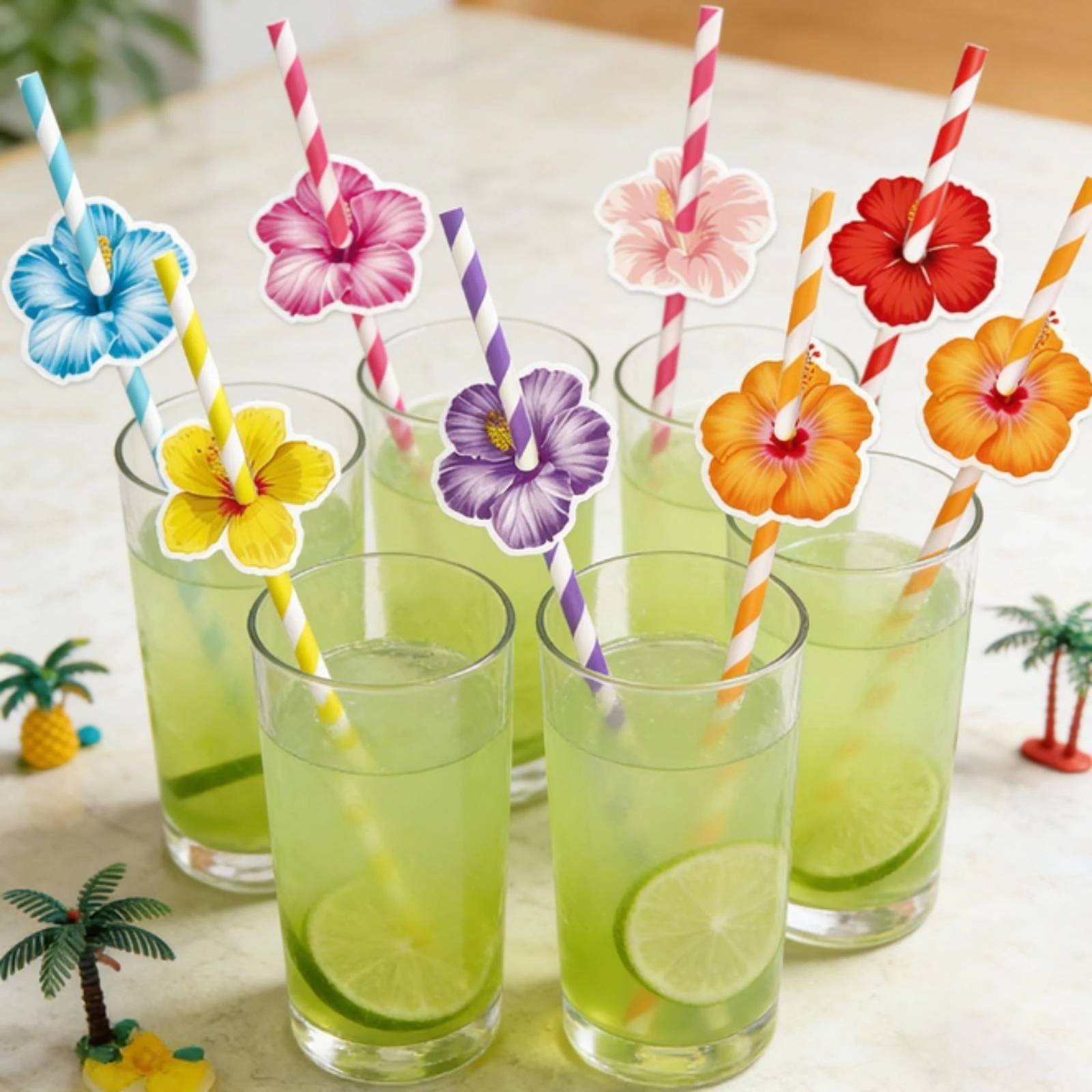 16 Pieces Hawaiian Straw Decoration Flat Tropical Cake Topper Luau Cake Decoration Bright Colors
