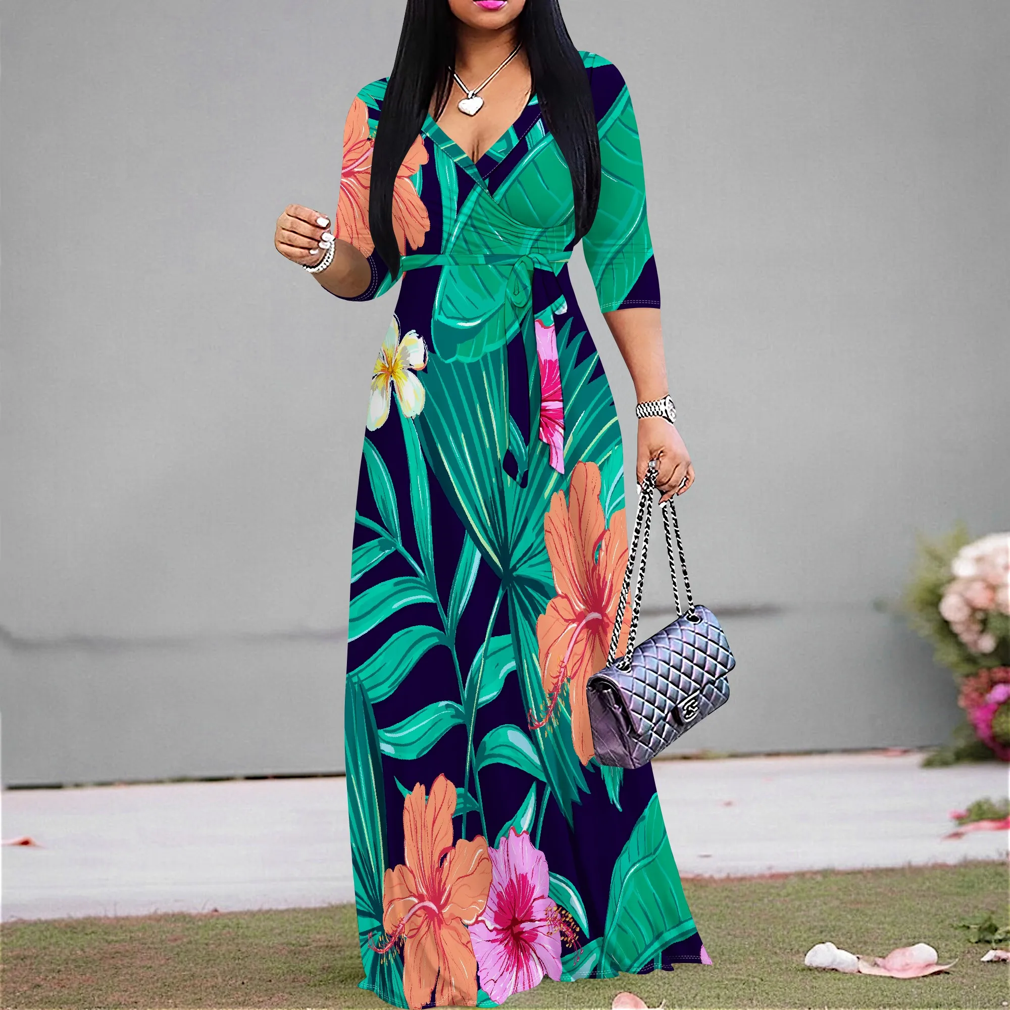 

Women's V Neck 3/4 Sleeve Maxi Dress S-3XL Dark Tropical Floral Vacation Long Gown