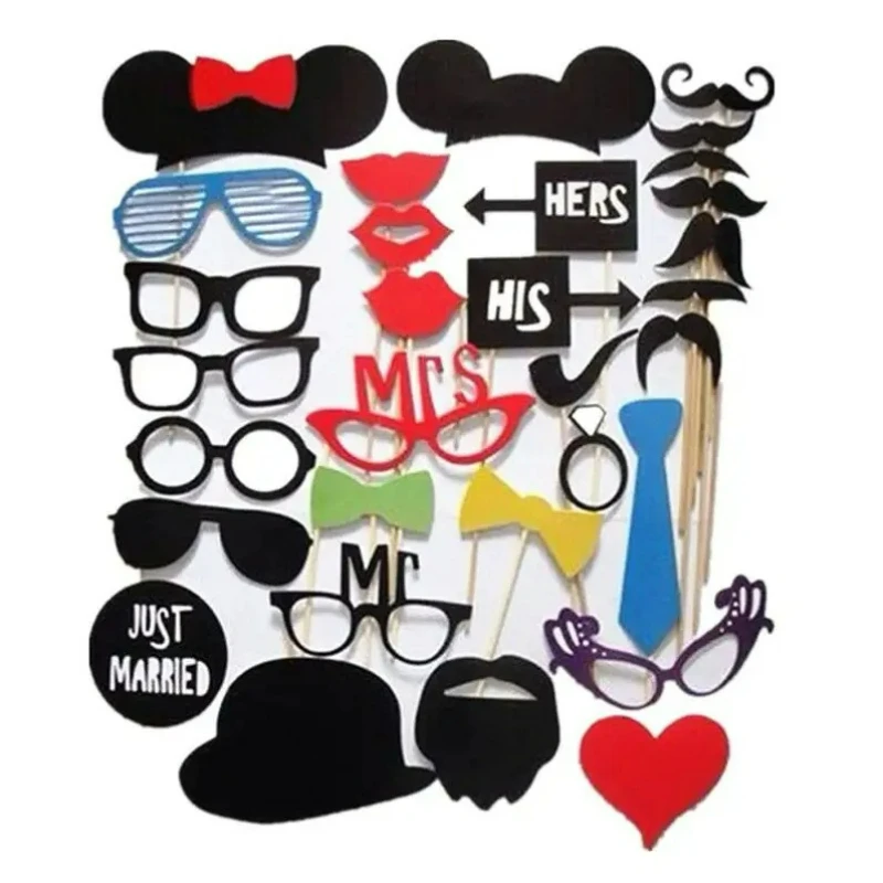 31PCS/set  Fun Wedding Decoration Photo Booth Props DIY Mustache Lips Glasses Mask Photobooth Accessories Wedding Party Supplies