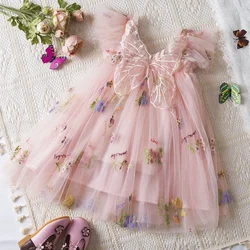 Summer Toddler Girl Princess Party Birthday Dress Pink Baby Dress with Butterfly Wings Fairy Strap Embroidered Floral Mesh Dress