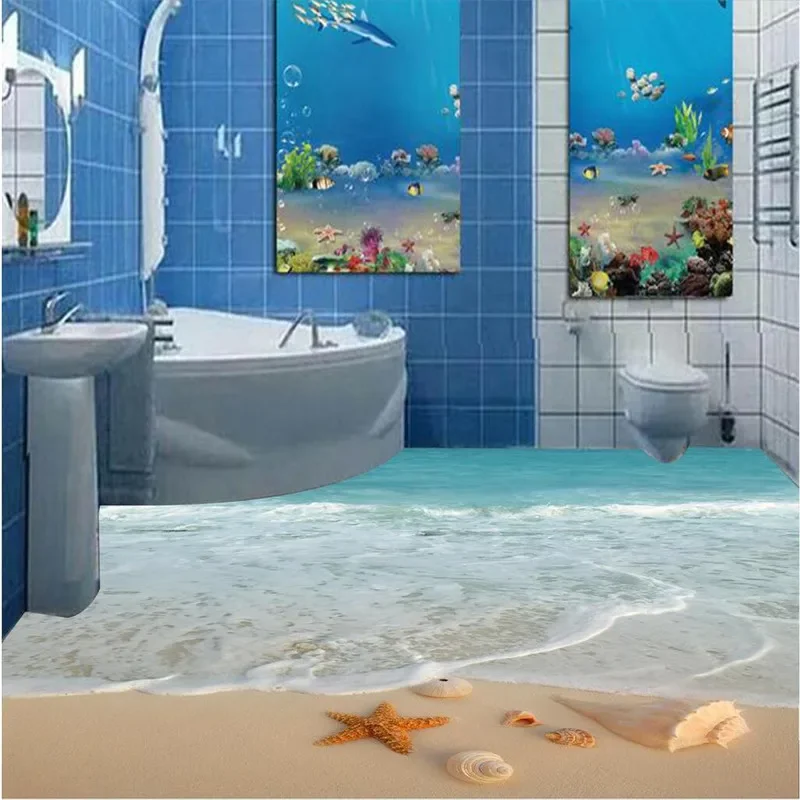 beibehang HD blue shells beach scenery Waterproof Bathroom kitchen balcony PVC Wall paper Self floor mural 3D wall sticker