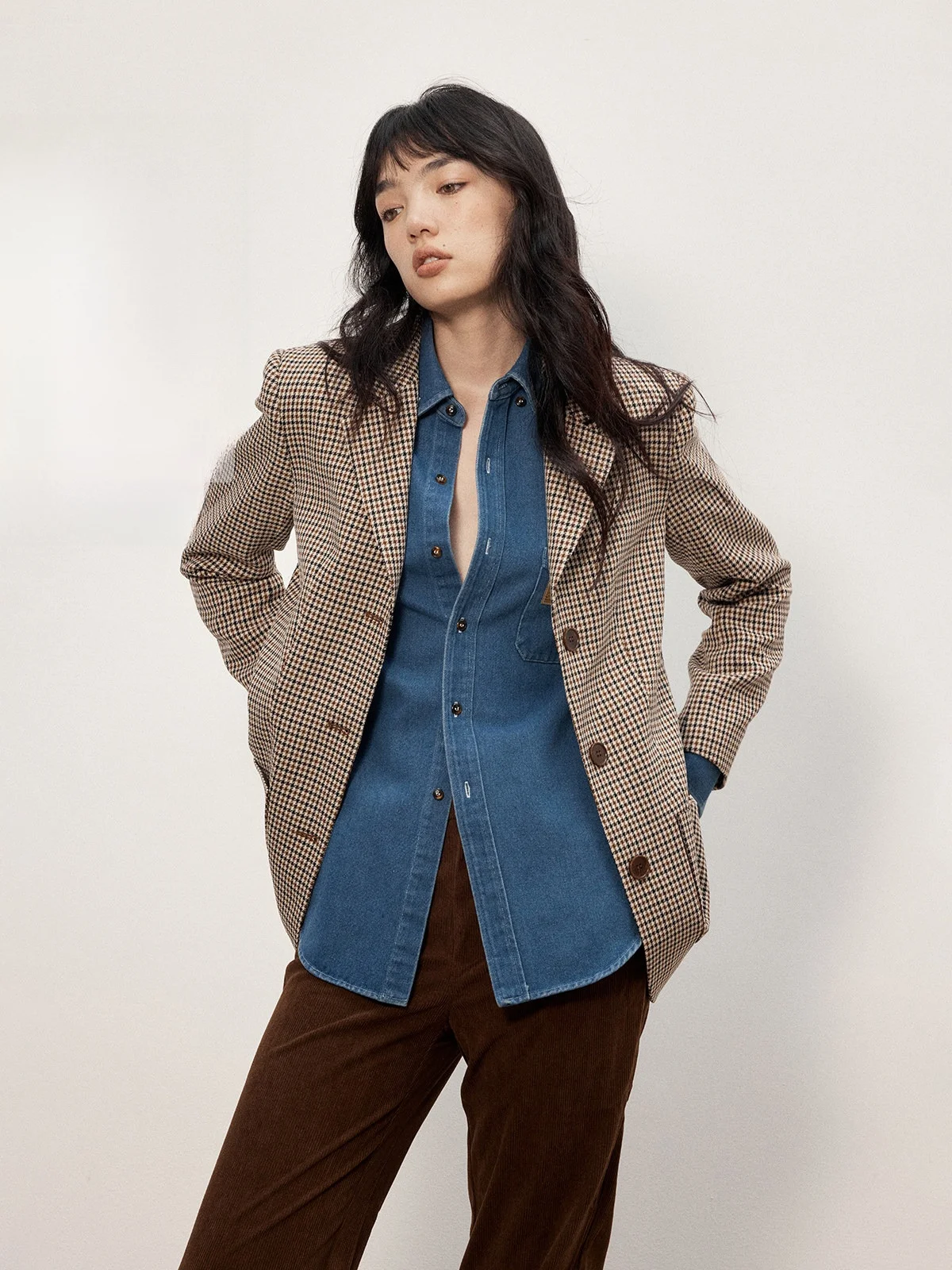 

Двухслойное пальто Sontag из твида и замши с дизайнерскими вставками, повседневный клетчатый костюм-жакет, женская осенняя длинная куртка