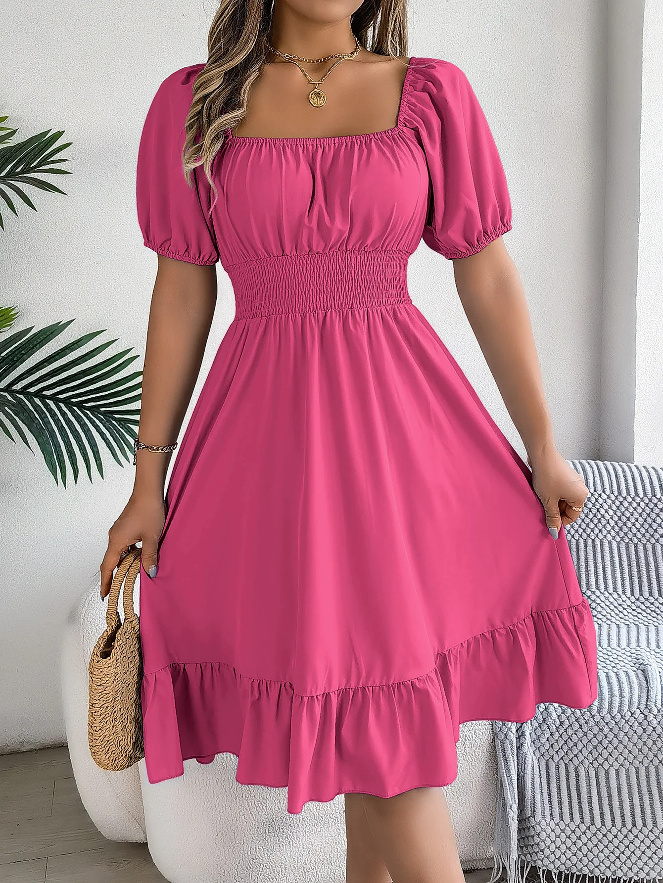 

Casual Square Collar Dress Short Sleeved Waist Cinched Ruffle A Line Long Skirt 2025 Summer European American Women's Clothing