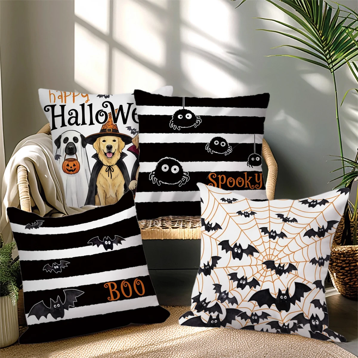 4pc Halloween Decorative Throw Pillow Covers Spooky Ghost Dog Bat Spider Web Cushion Cases for Home Sofa Couch Decor