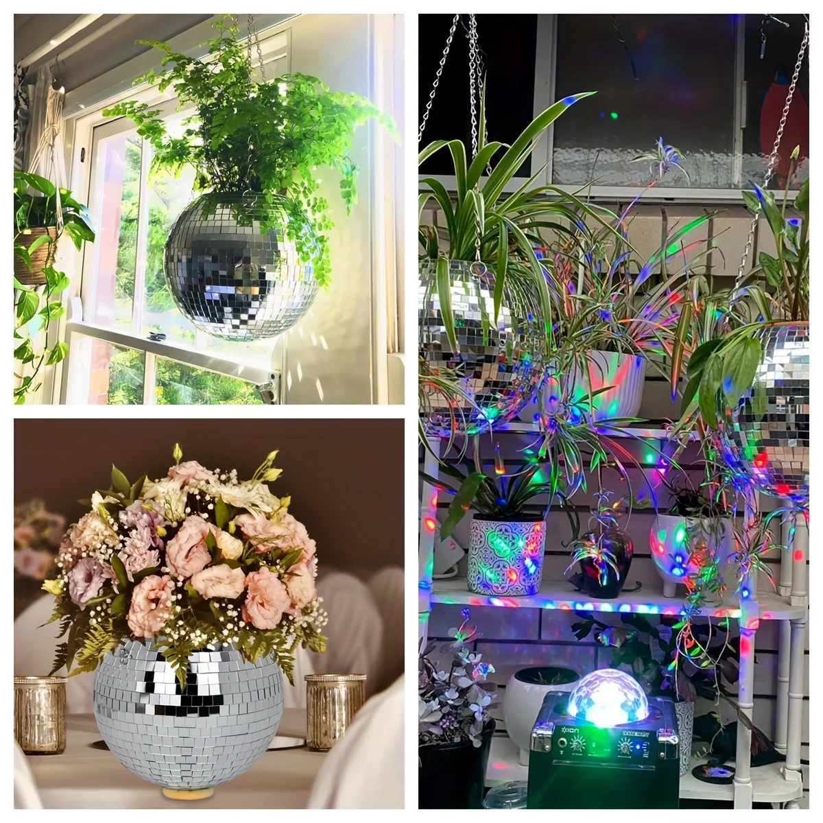 1 Stück einzigartiger, handgefertigter, böhmisch inspirierter hängender Disco-Spiegelkugel-Pflanzgefäß – selbstbewässernd, platzsparend, stilvolle Heimdekoration für – Detail 9