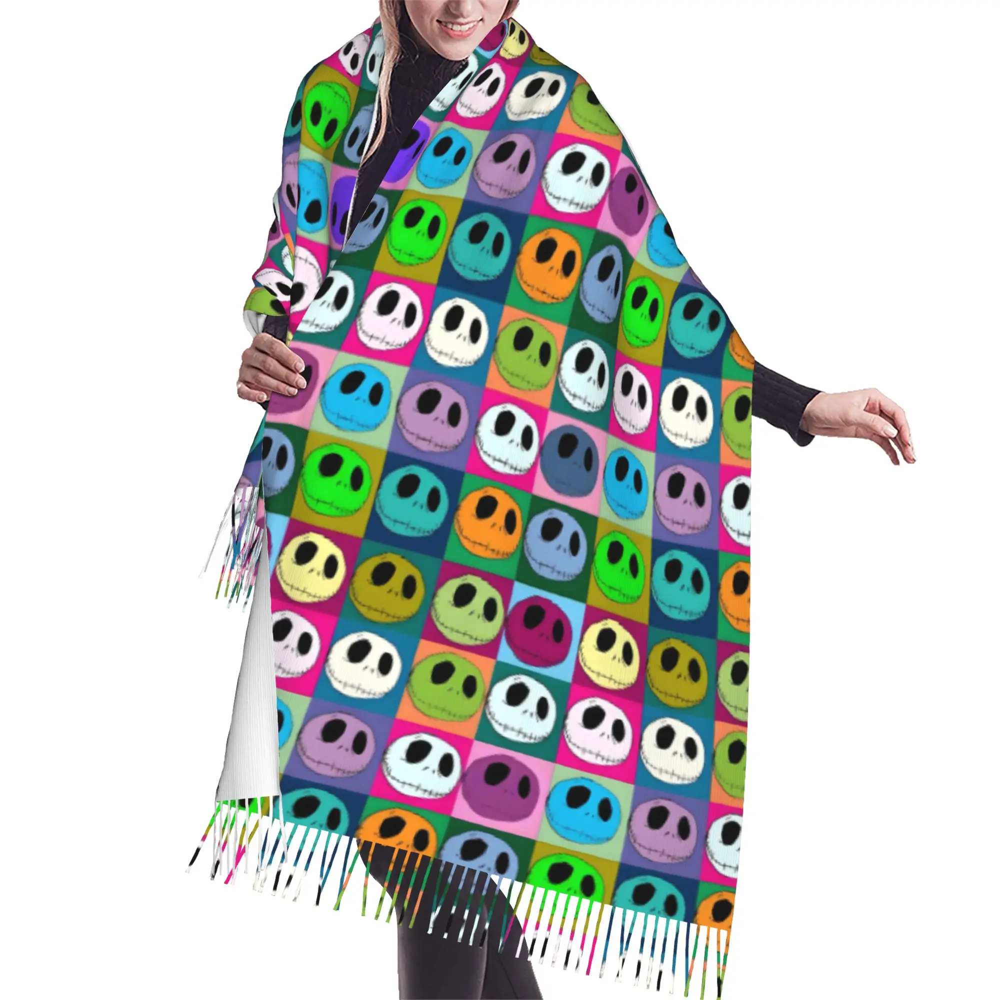 Custom Lady Long Halloween Skellingtones Skull Scarves Women Winter Thick Warm Tassel Shawl Wrap Cartoon Manga Scarf