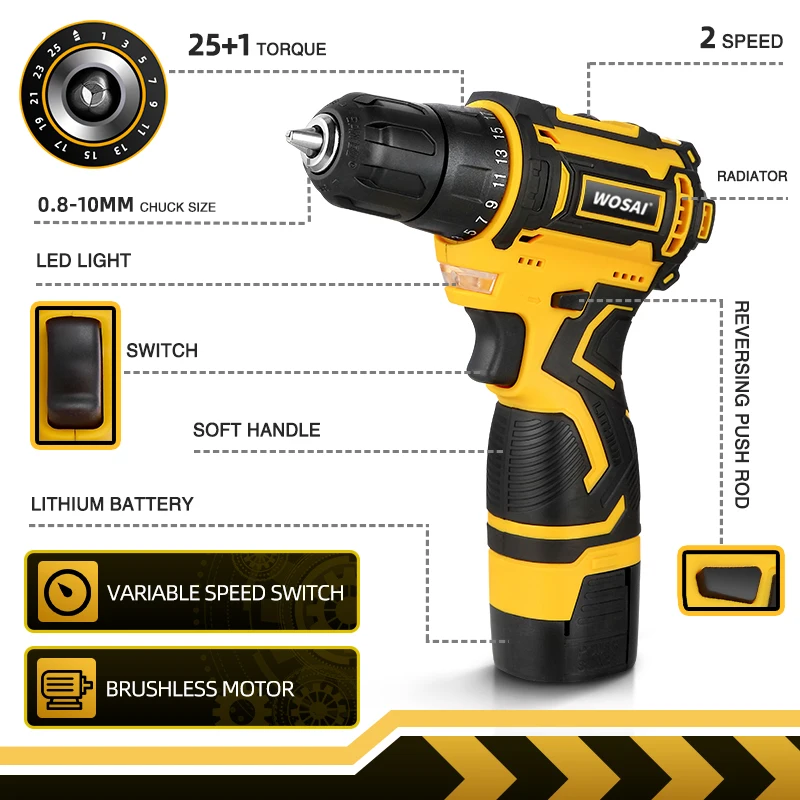 WOSAI Brushless Cordless Drill 32N.m 16V MAX Power Tools Electric Screwdriver 25+1 Torque Settings 2-Speeds MT-Series