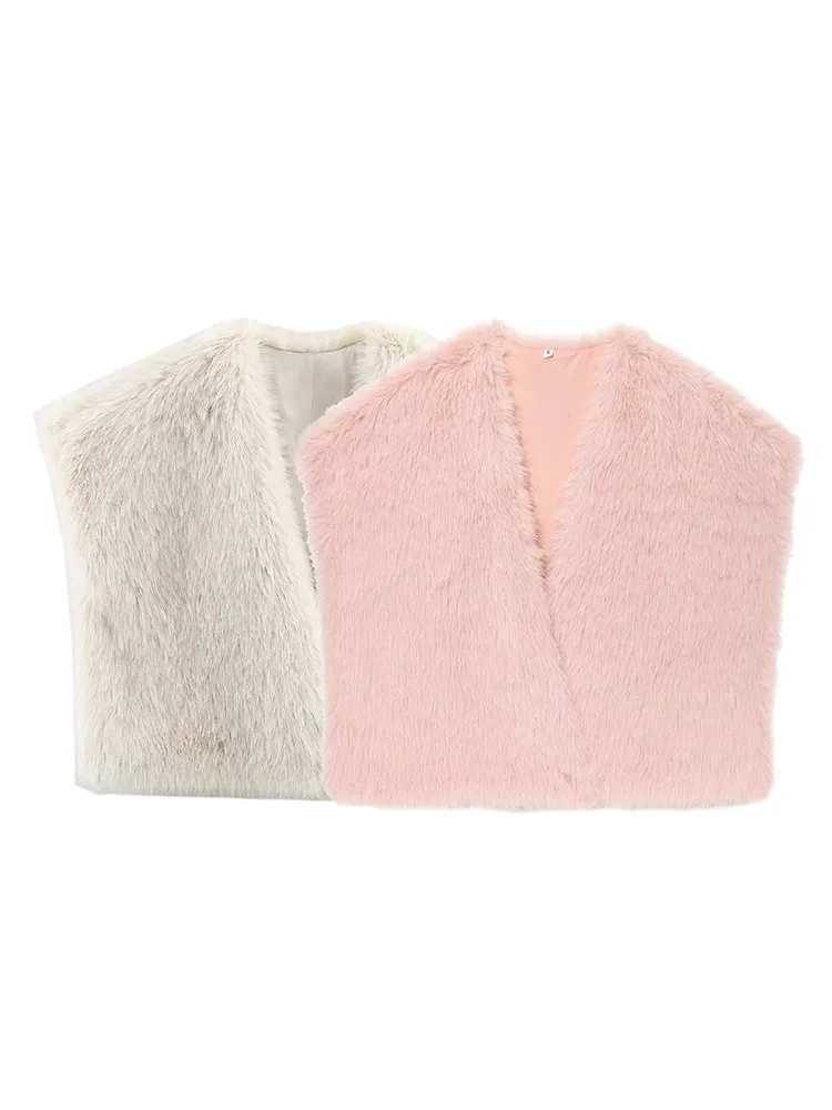 

HH Women Winter New Fashion Ultra Short Sleeve Faux Fur Effect Short Vest Female Temperament Warm 2-Color Sleeveless Vest Jack