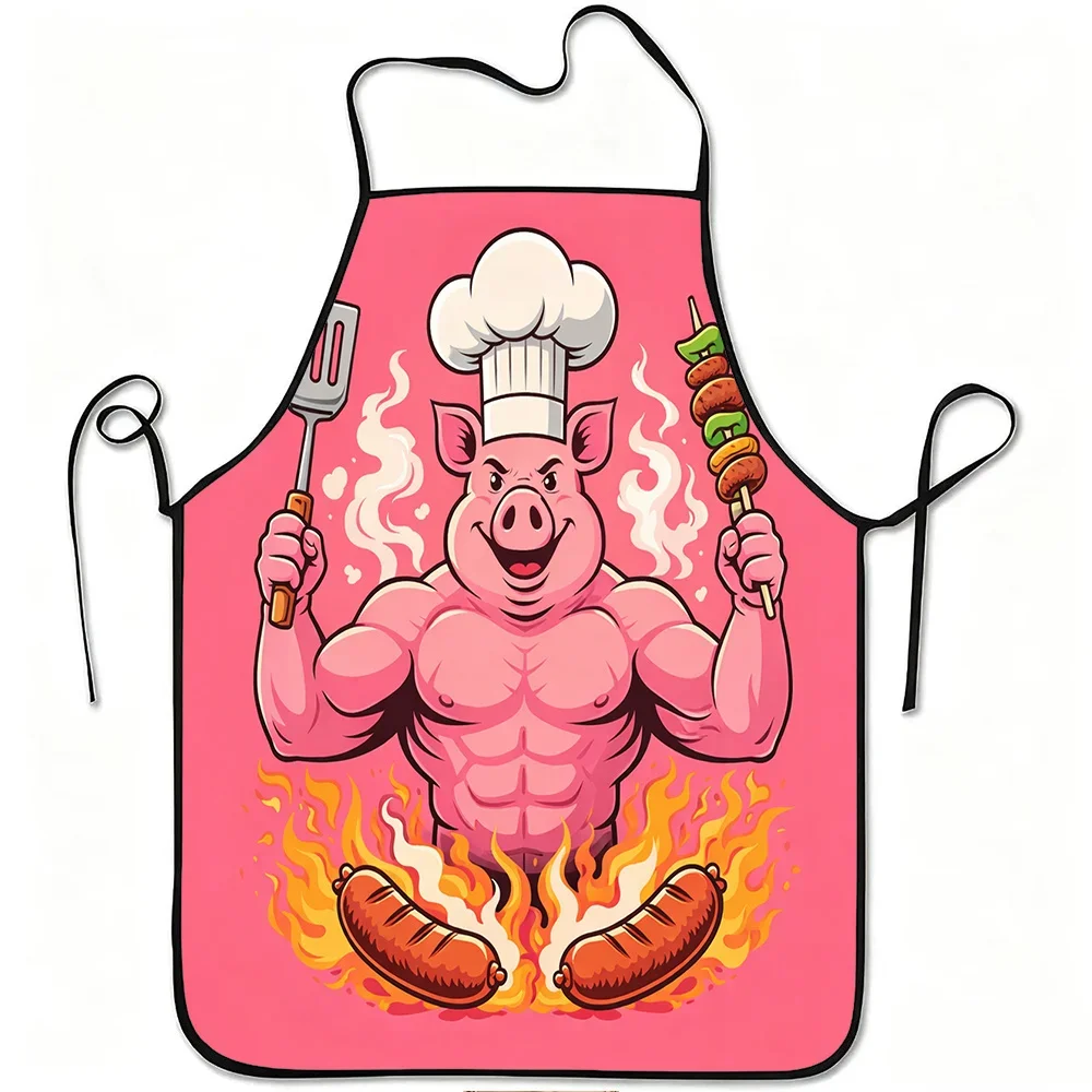 1pc Sturdy Chef Pig Humorous BBQ Design Apron, Long-Lasting And Easy to Clean, Adjustable Waist, Made of Polyester, Suitable for