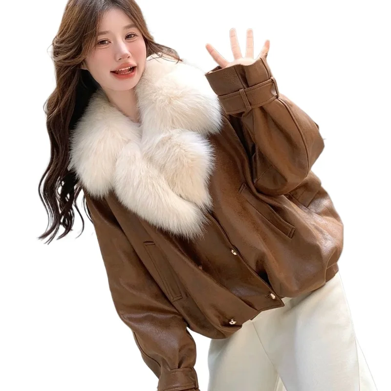 Women's Winter New Maillard High-end Casual Thick Coat Loose  Beautiful Caramel Color Big Fur Collar Fur Integrated Down Jacket