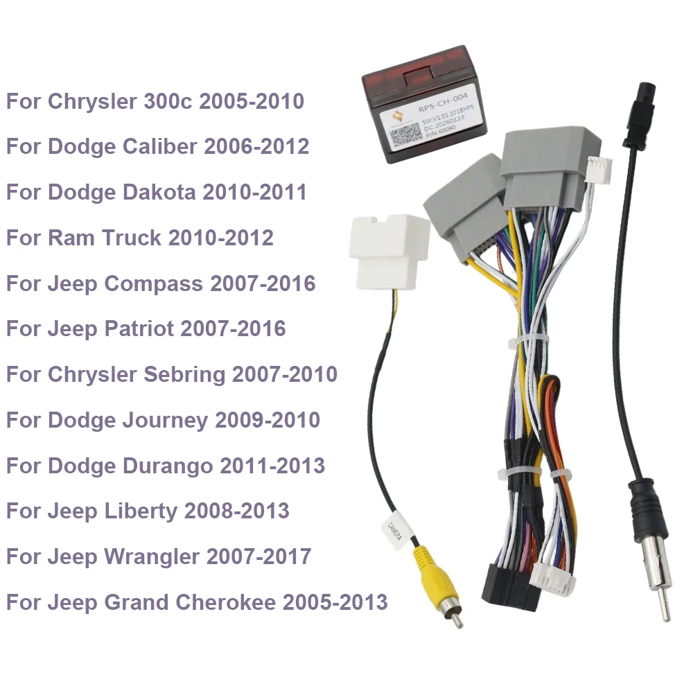 16 Pin Car Radio Wiring Harness Adapter With CANBUS & Rear Camera Plug For Chrysler 300C Wrangler Compass Grand Cherokee