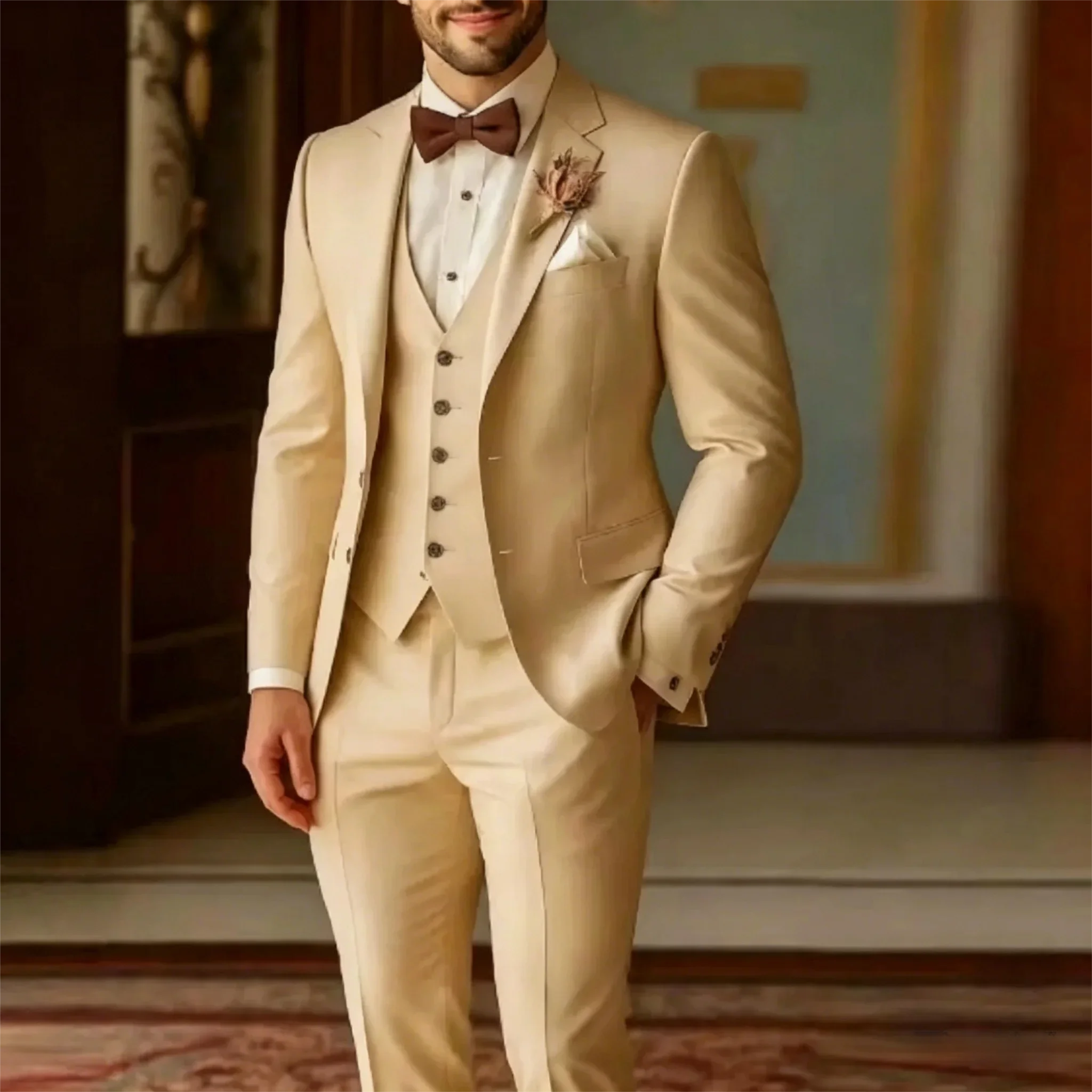

Champagne Men Suit Wedding Party Formal Occasion Groom Groomsman Prom Business Male Tuxedos 3 Piece Set jacket +vest+pant