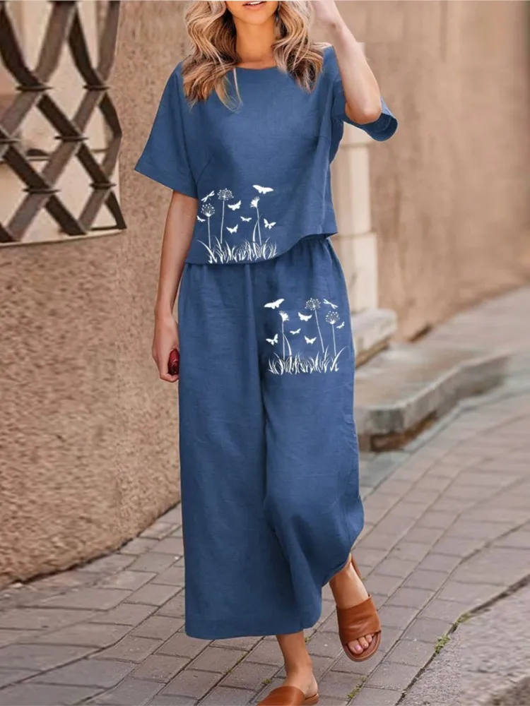 

Women's T-shirts Set Simple O-neck Short Sleeves Loose Wide Legs Trousers Women's Spring Summer New Casual Fashion Two Piece Set