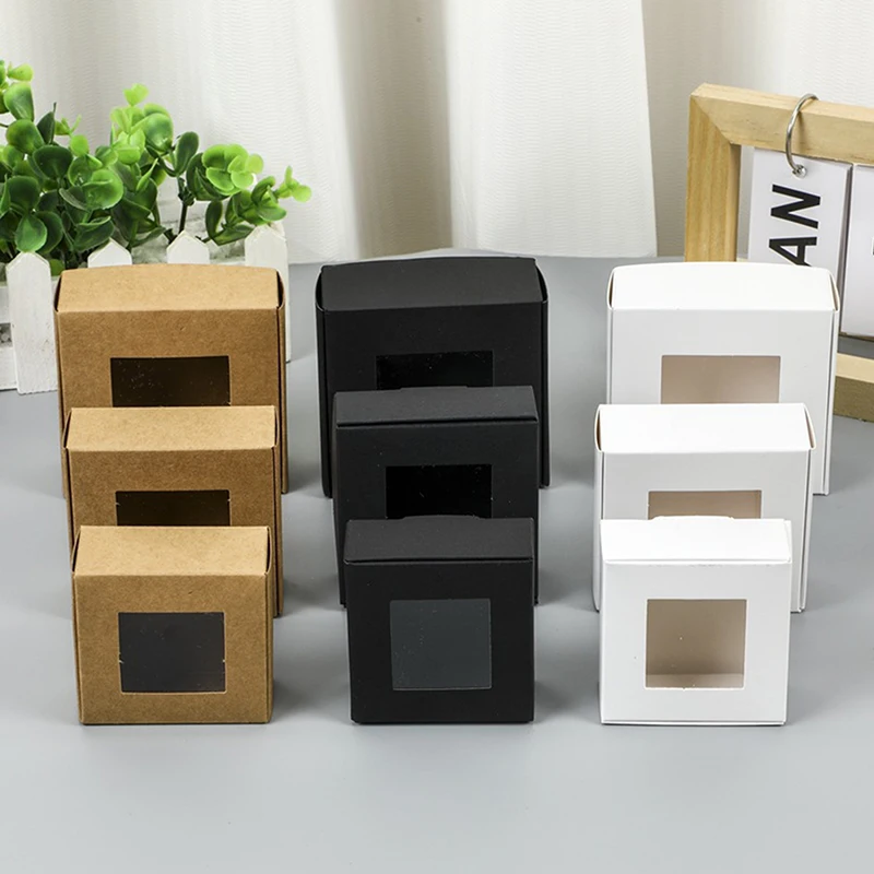 

10 Pcs Square White/Kraft/Black Window Packaging Boxes, Various Sizes, Wedding Party Gifts, Handmade Soap Chocolate Flat Boxes