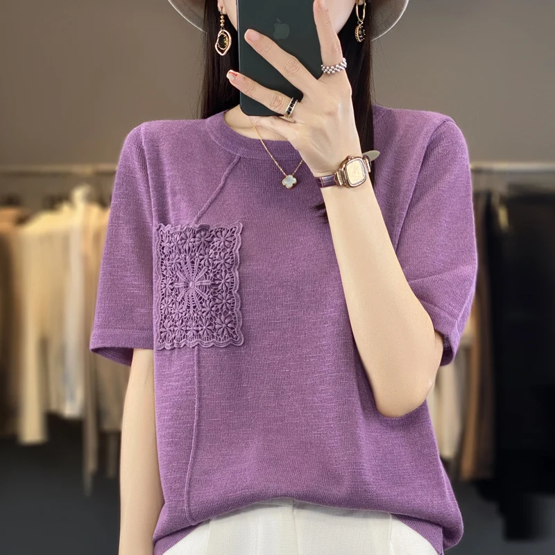 Summer Women\'s Sweater Short Sleeve Pullover Round Neck Bamboo Hemp Ice Silk New Jacquard Loose Knitted T-shirt Slim Fit Top 023