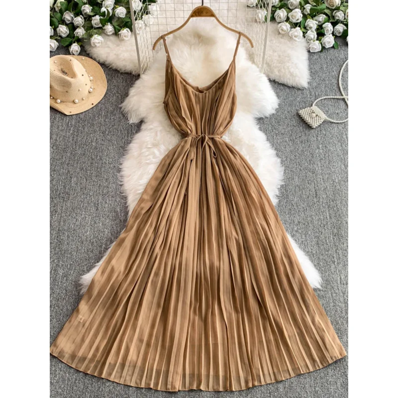 Boho donna solido estate abito lungo pieghettato casual sexy cinturino per spaghetti vestido de festa elegante tunica vacanza al mare abiti