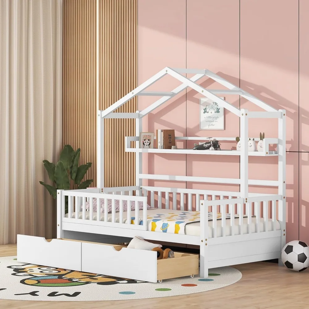 Lit double avec 2 tiroirs, cadre de lit pour enfants en bois avec étagère de rangement