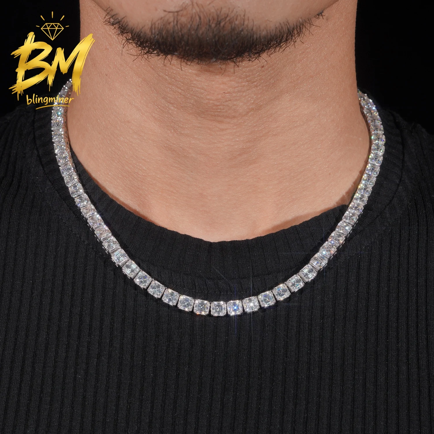 Blingminer 5.5mm VVS Moissanite Asscher Tennis Chain Iced Out Necklaces For Men S925 Silver Jewelry With GRA Free Shipping