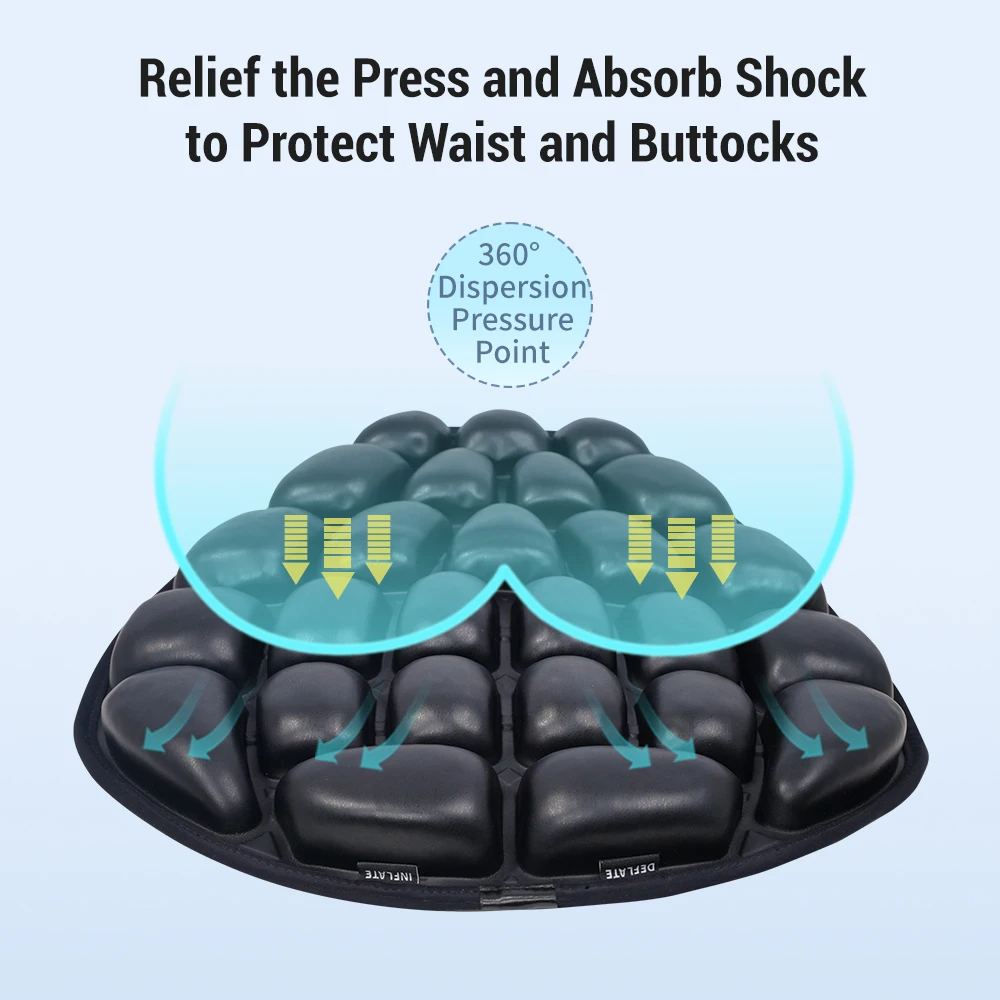 3D Air Inflatable Moto Seat Cushion Waterproof Shock Absorbing Decompression Tailbone Care Breathable Ventilation Design
