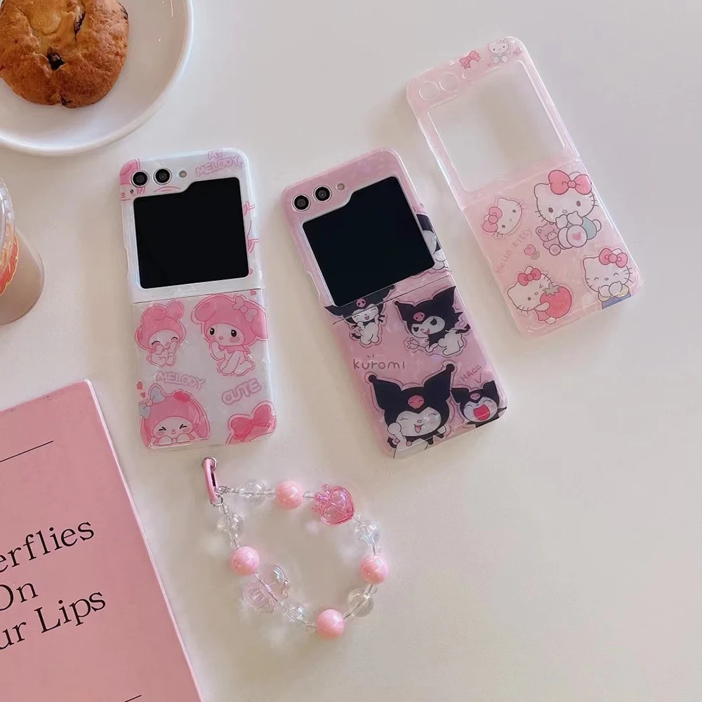 Kwaii Hello Kitty My Melody with Bracelet Phone Case for Samsung Galaxy Z Flip 3 4 Z Flip 5 6 5G PC Hard Anti-drop Back Cover