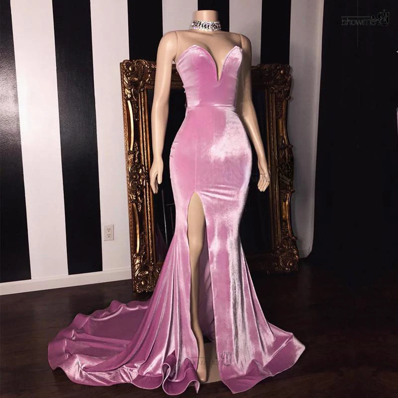 

Sexy Hot Pink Mermaid Formal Dresses Evening Gown Long Sweetheart High Slit Simple Prom Dress Velvet Robe De Soiree Femme