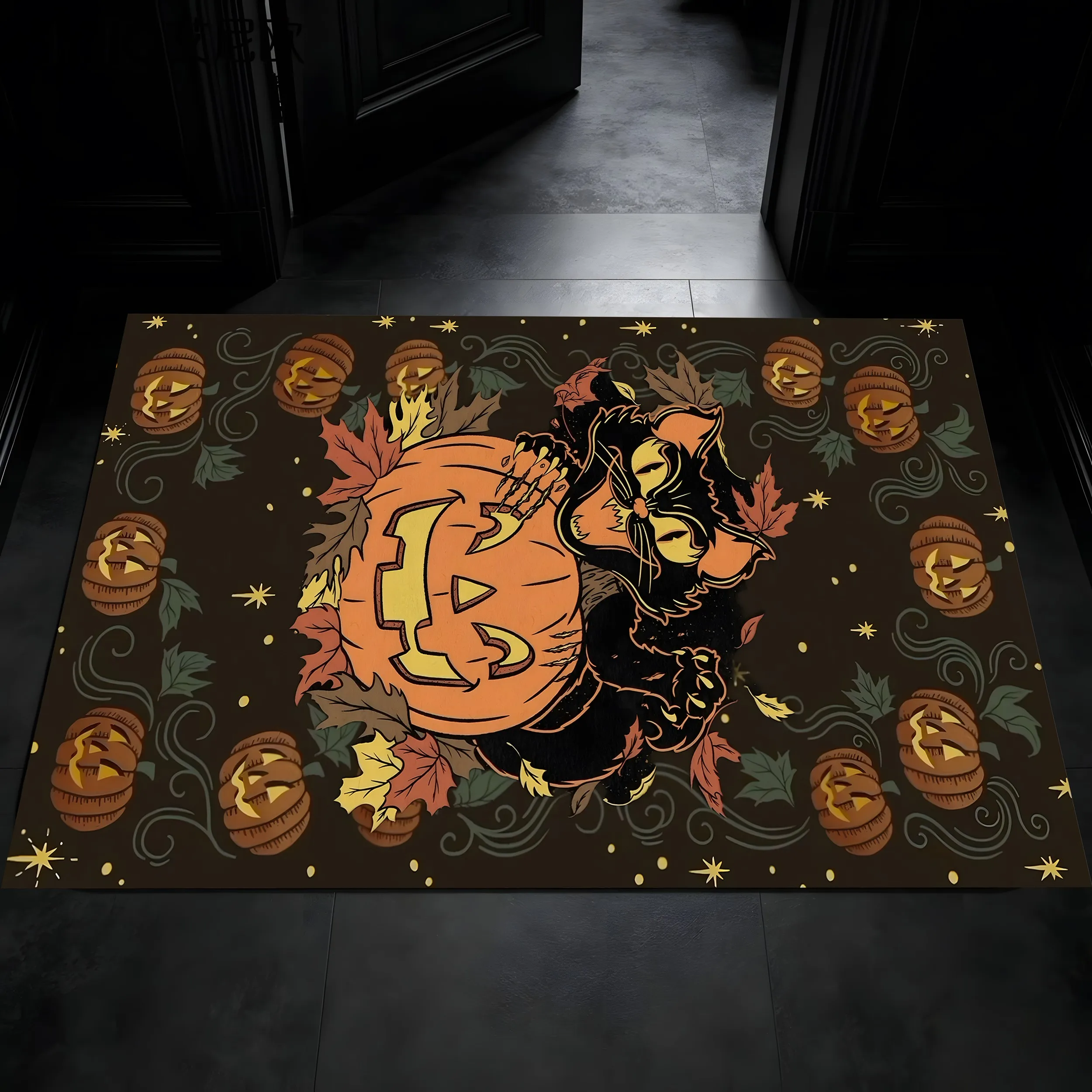 Velvet-Like Unique Pumpkin and Black Cat Retro Halloween-Themed 2D Carpet, Suitable for Living Room, Bedroom, and Entryway, Perfect for Autumn
