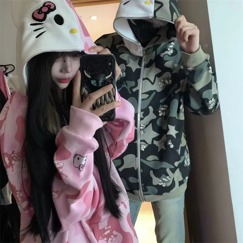 Sudadera con Capucha de Camuflaje Hello Kitty para Mujer, Estilo Y2K, Primavera-Otoño, Anime Sanrio, Chaqueta con Cremallera de Algodón para Parejas, Tops Casuales