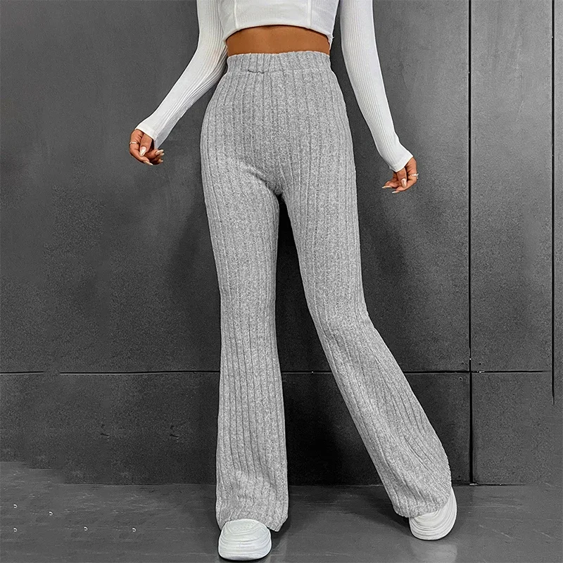 2024 Solid Wide Pit Stripe Casual Knitted Wide-Legged Pants For Women Keep Warm In Autumn And Winter