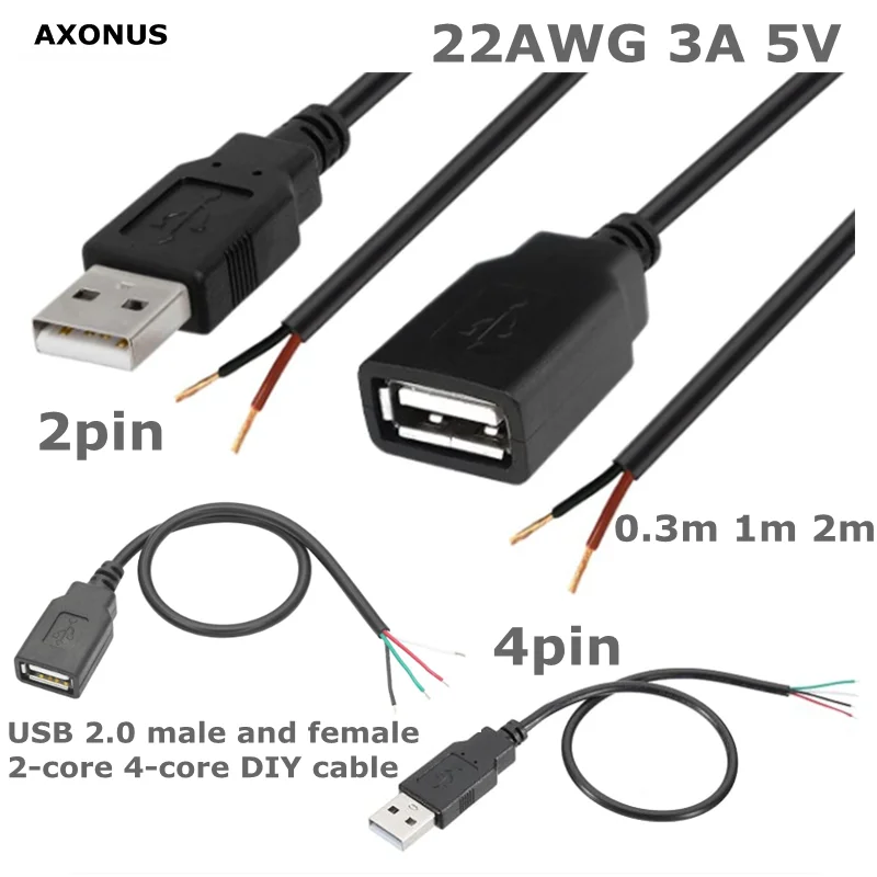 For USB Equipment Installed or Replacement Repair DIY Cable USB 2.0 Male Female Plug 2pin 4pin Bare Wire USB Power Data Cable