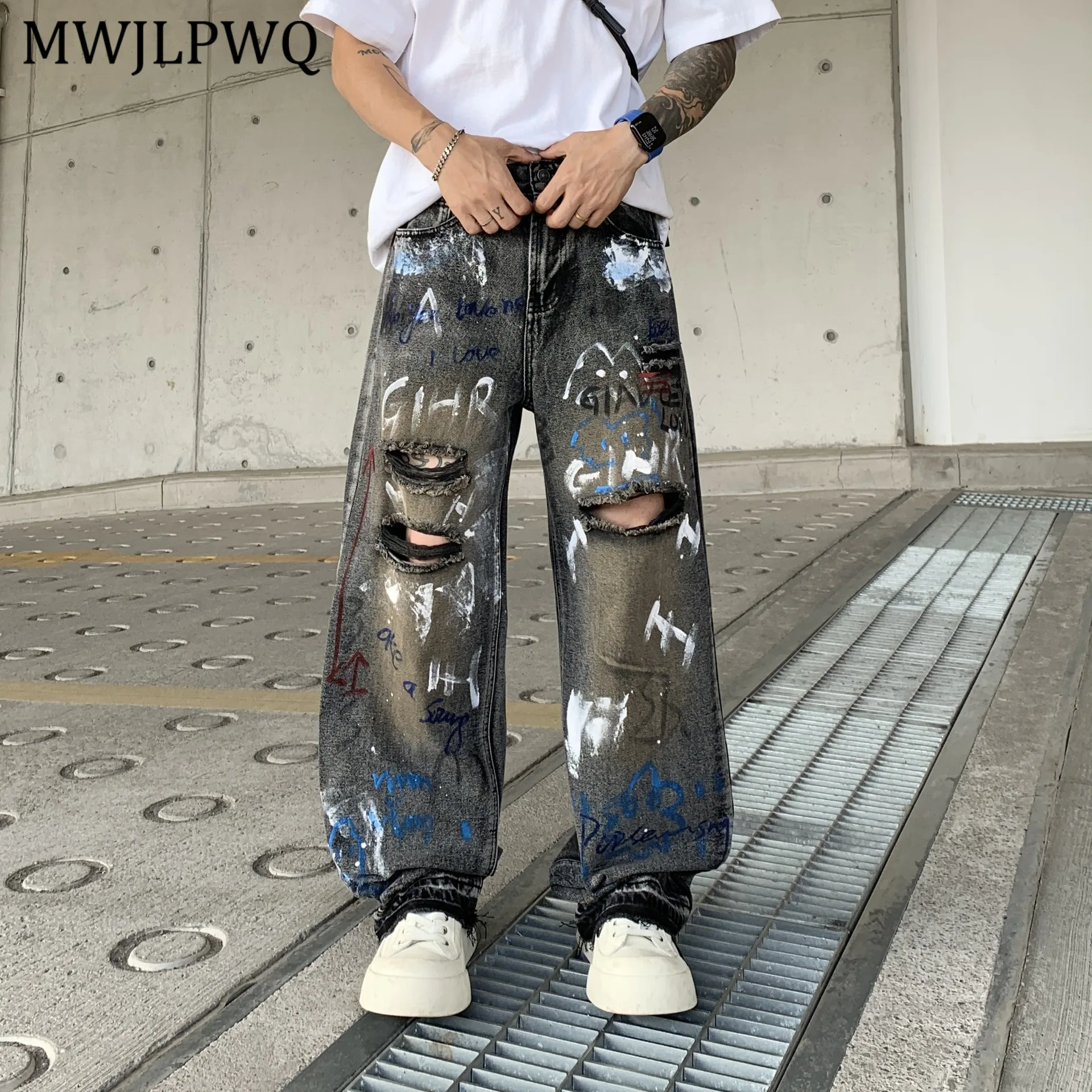 

MWJLPWQ Ripped Graffiti Jeans For Men Summer Thin High Street Ink Splash Design Loose Straight Casual Pants Men's Clothing 11425