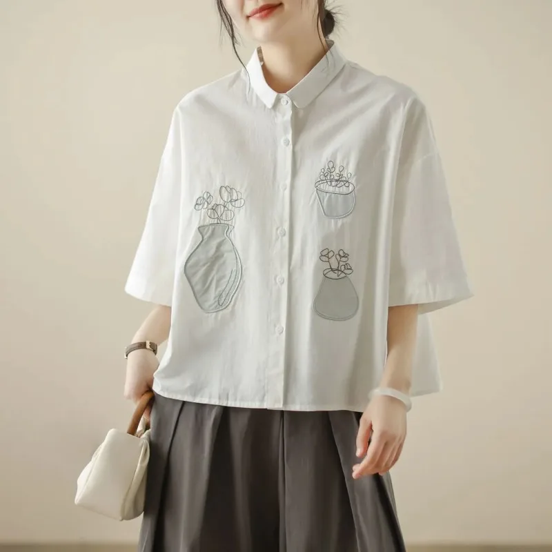 

Women Summer Pure Cotton Embroidery Short Sleeve Shirt Literary Sweet Loose Casual Blouse