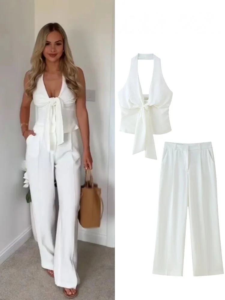 

HH Women Pants Suit White Hanging Neck Collar Knot Decoration Top+Chic High Waist Side Pocket Zipper Pleated Wide-Leg Pants