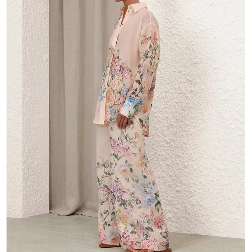 

Loose Cotton Linen Early Autumn irt Print Single Button Top Wide Leg Pants Belted Set Women's Faion Comfortable Clothing