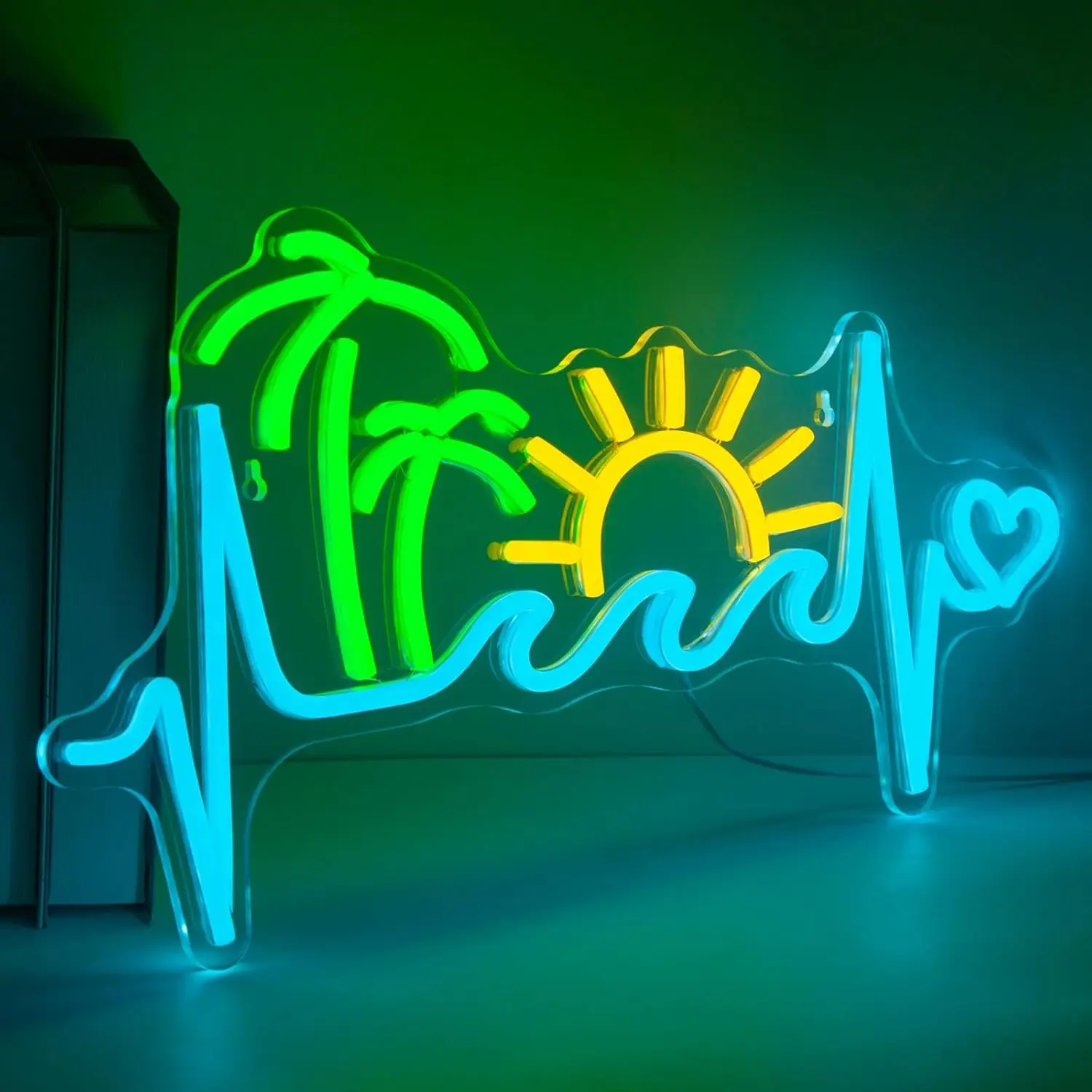 

NeonPalmSunWaveHeartbeatLightSign Soft cyber neon, cool-toned, between calm and passion