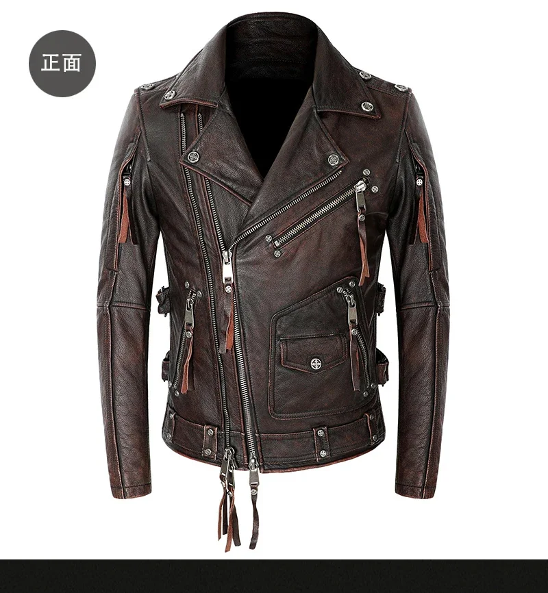 YR.Wholesales.Heavy Brand quality real leather jacket.Cool Motor Rider Rivet cow coat.Vintage style wear