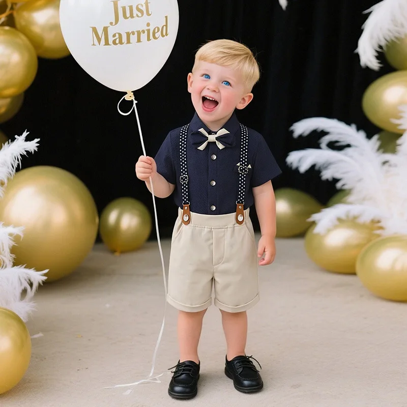 

2026 New Strap Pants Handsome Childrens Set Baby Summer Short Sleeved British Dress Boys Set
