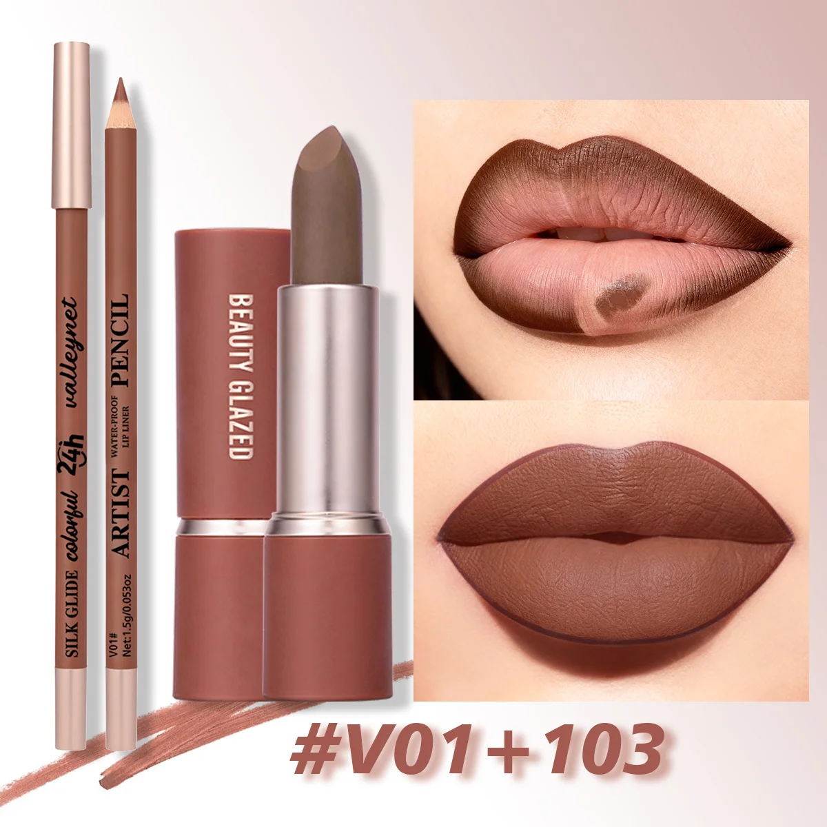 2Pcs/Set Matte Velvet Lipstick and Lip Glaze Set Long lasting Waterproof Pink Tones Everyday Makeup Look Lip Combo Set
