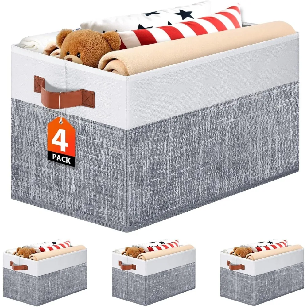 

collapsible storage baskets for shelves,14"x10", 4 pack foldable fabric storage bins with double leather handles, large baskets