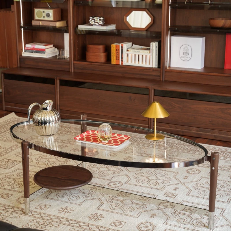 

Medieval style coffee table oval living room household tempered glass Bauhaus light luxury tea table